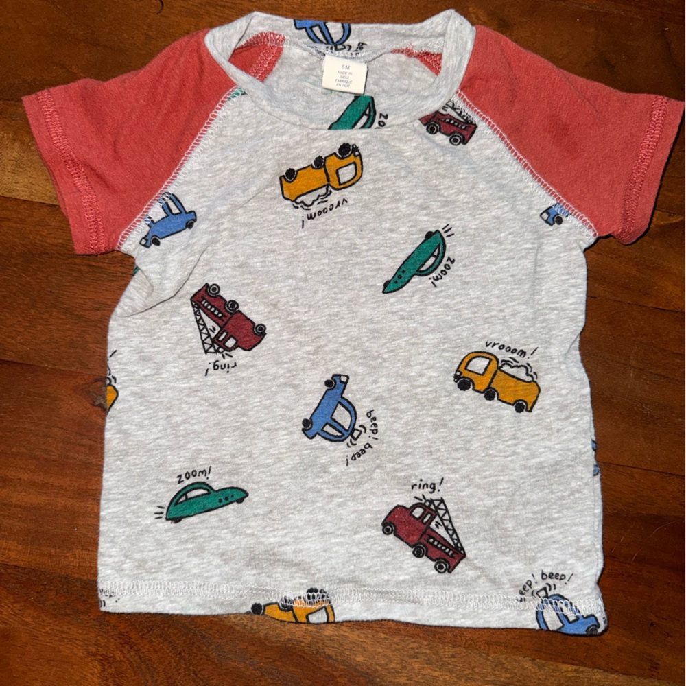 Tucker + Tate Gray Tee with Red Sleeves and Vehicle Print